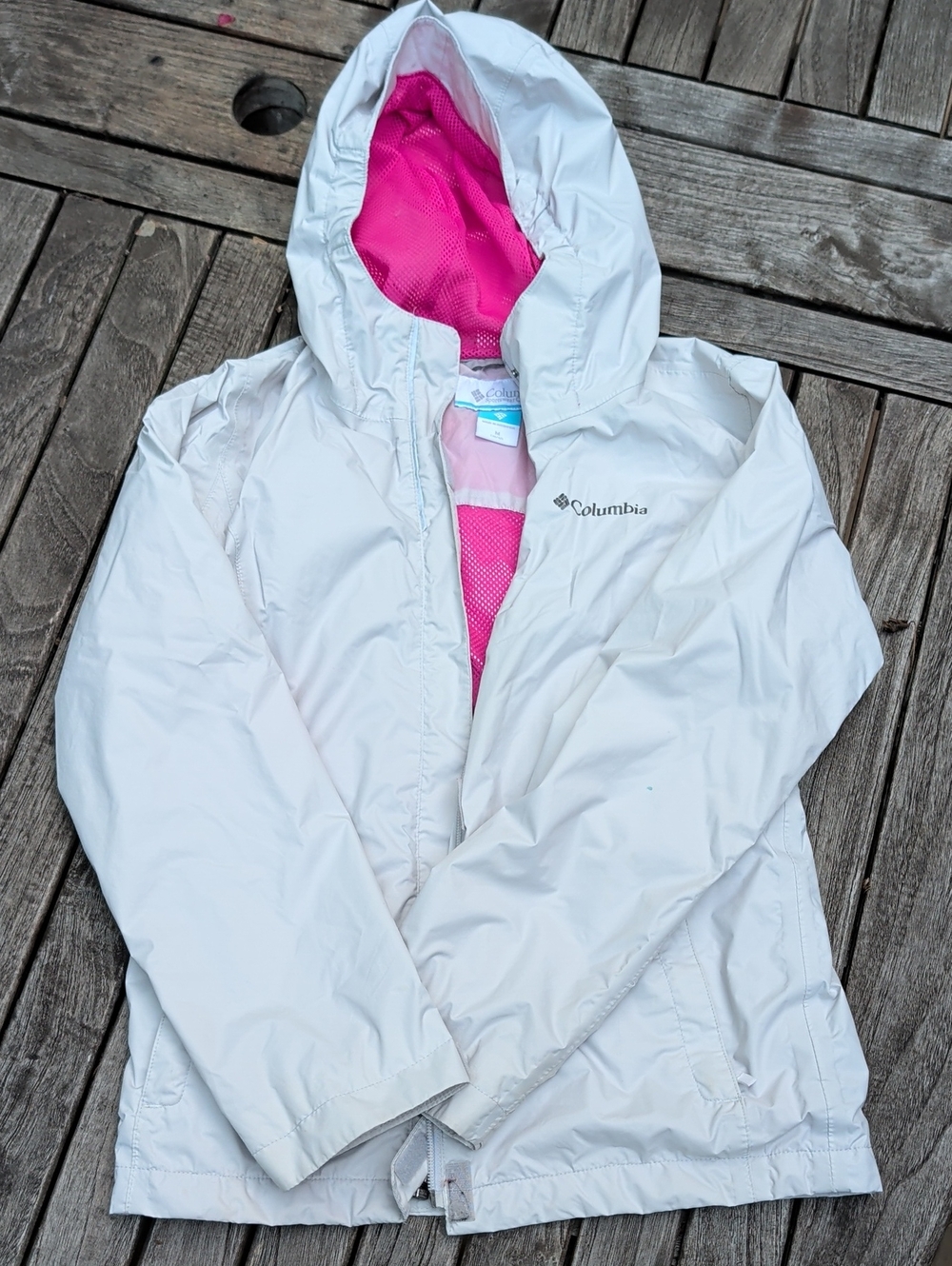 Columbia White Hooded Raincoat with Bright Pink Lining